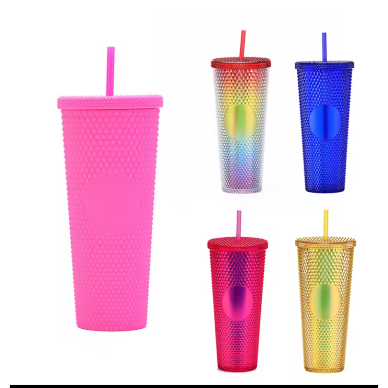 Light Weight 24OZ Color Options Plastic Double Wall Tumbler Juice Coffee Mug with lid straw