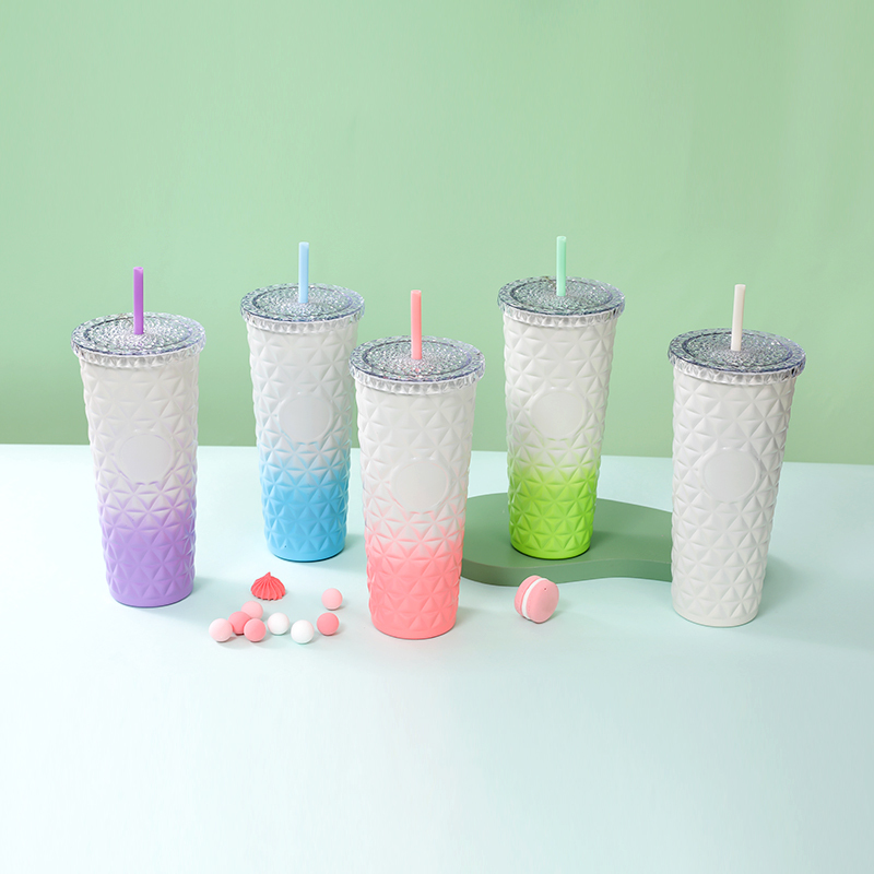 wholesale Price 24 oz double wall 304 Stainless Steel straw tumbler gradient crystal Vacuum cup