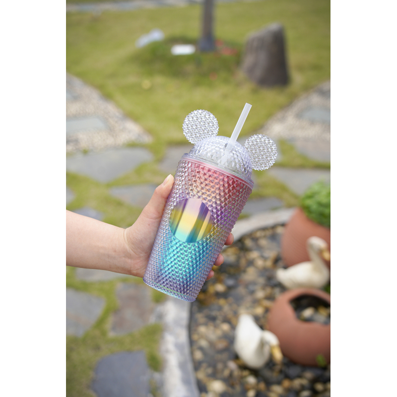 16oz mini fancy Customized logo Double Layer studded plastic cute Cats Ears Lid Tumbler Cup water bottle insulated tumbler