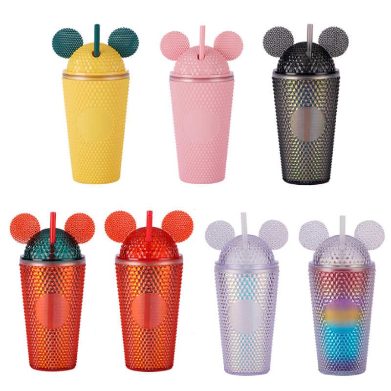 16oz mini fancy Customized logo Double Layer studded plastic cute Cats Ears Lid Tumbler Cup water bottle insulated tumbler