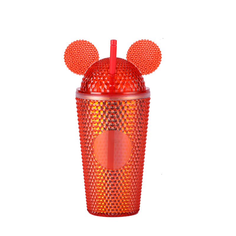 16oz mini fancy Customized logo Double Layer studded plastic cute Cats Ears Lid Tumbler Cup water bottle insulated tumbler