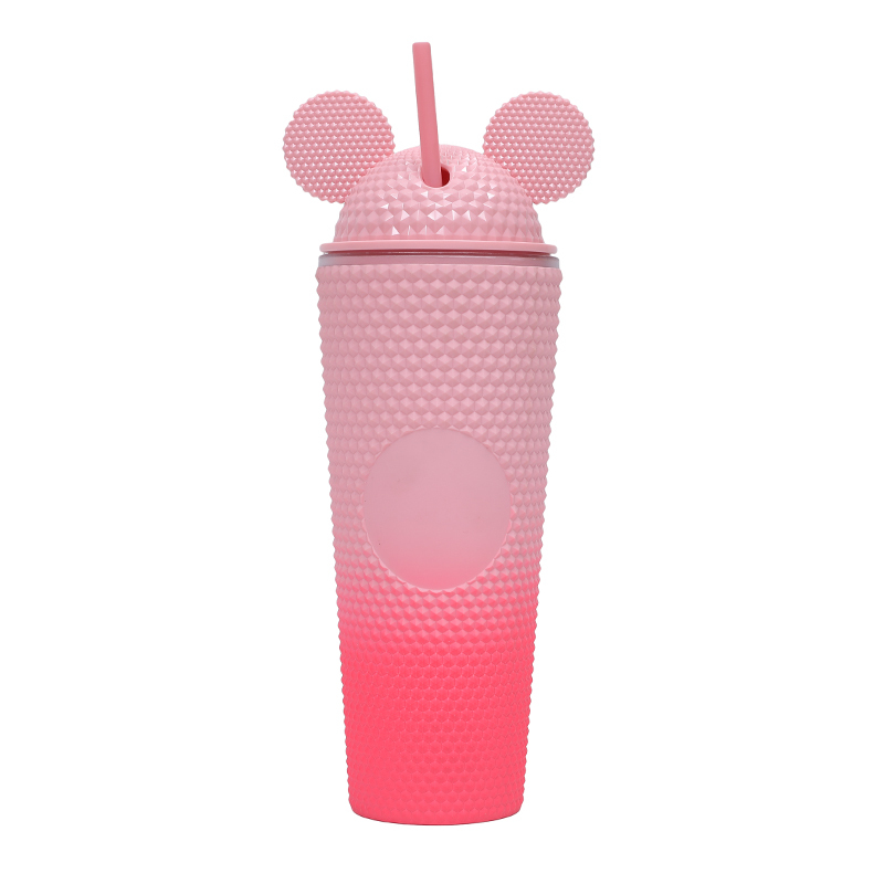 new trendy 710ml matte mic key ear drinking cup double wall reusable travel plastic tumbler cup with lid straw