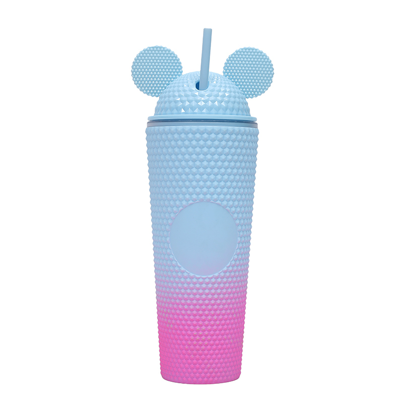 new trendy 710ml matte mic key ear drinking cup double wall reusable travel plastic tumbler cup with lid straw