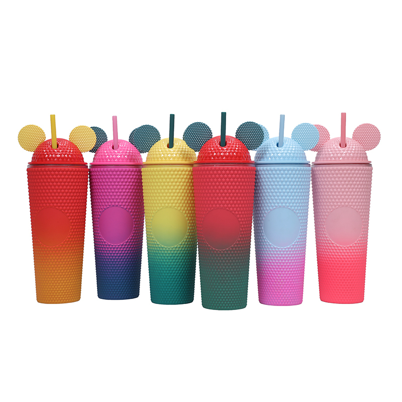 new trendy 710ml matte mic key ear drinking cup double wall reusable travel plastic tumbler cup with lid straw