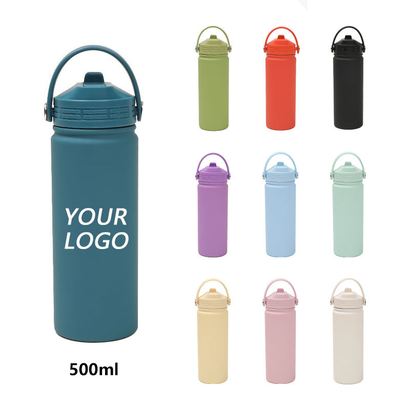New 500ml 304 Stainless Steel Sports Water Bottle | Wide Mouth & Portable Handle | Outdoor Vacuum Insulated Sipper Lid Cup
