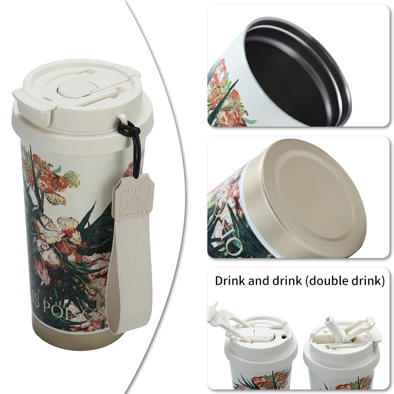 New Food-grade 304 Stainless Steel Coffee Cup with Carry Rope Girls Luxury Portable Double-drinking Insulation Cup