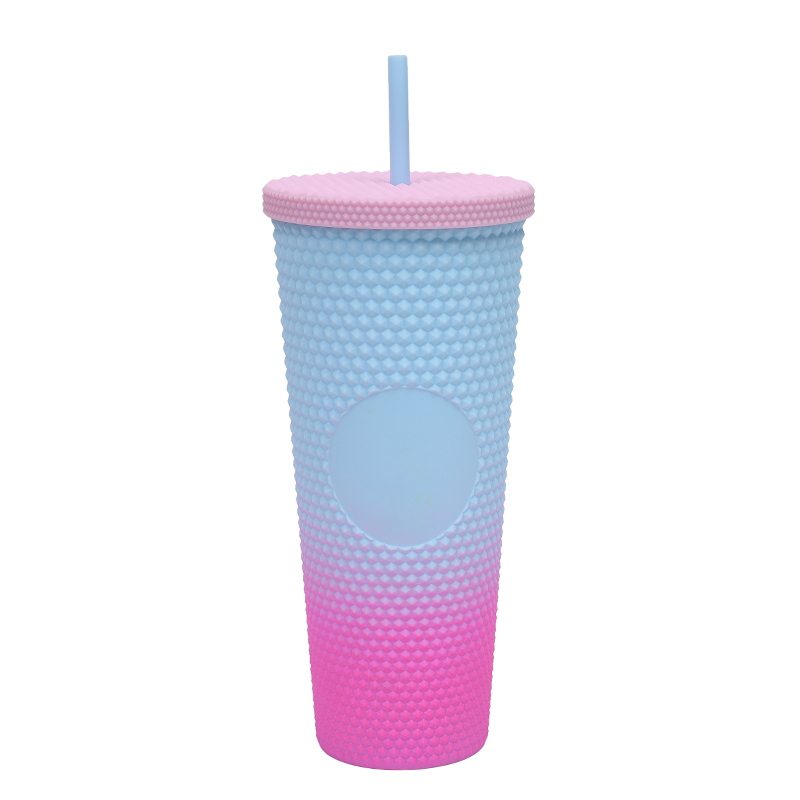New stylish 24oz plastic cold cup double wall plastic tumblers glitter diamond durian shape mug with straw