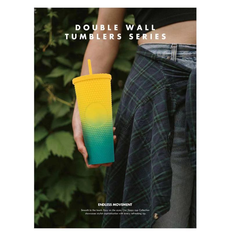 New stylish 24oz plastic cold cup double wall plastic tumblers glitter diamond durian shape mug with straw
