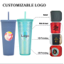 New stylish 24oz plastic cold cup double wall plastic tumblers glitter diamond durian shape mug with straw