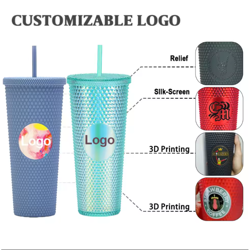 New stylish 24oz plastic cold cup double wall plastic tumblers glitter diamond durian shape mug with straw