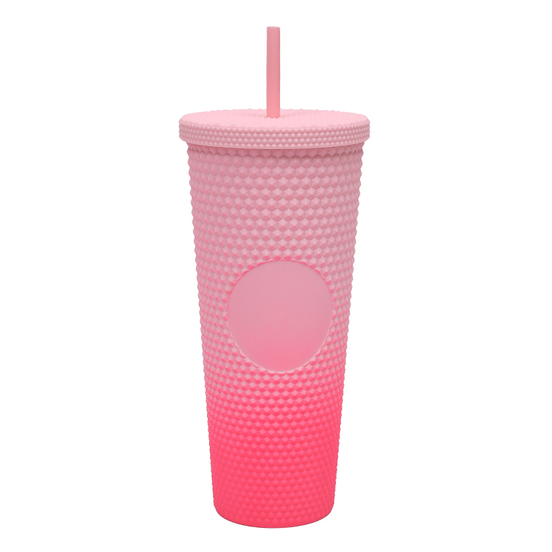 New stylish 24oz plastic cold cup double wall plastic tumblers glitter diamond durian shape mug with straw