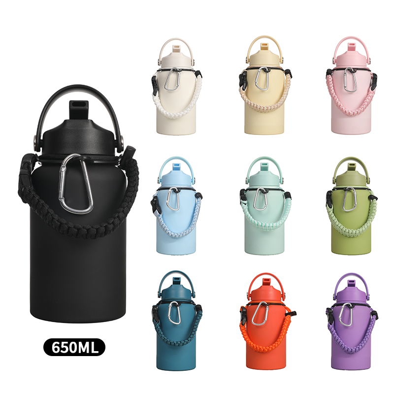 Portable 650ML Double Wall Stainless Steel Insulated Vacuum Bottle Camping Outdoor Water Bottle with Braided Rope and Straw Lid