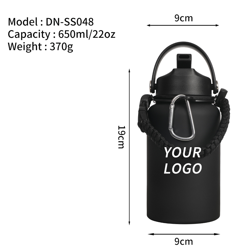 Portable 650ML Double Wall Stainless Steel Insulated Vacuum Bottle Camping Outdoor Water Bottle with Braided Rope and Straw Lid