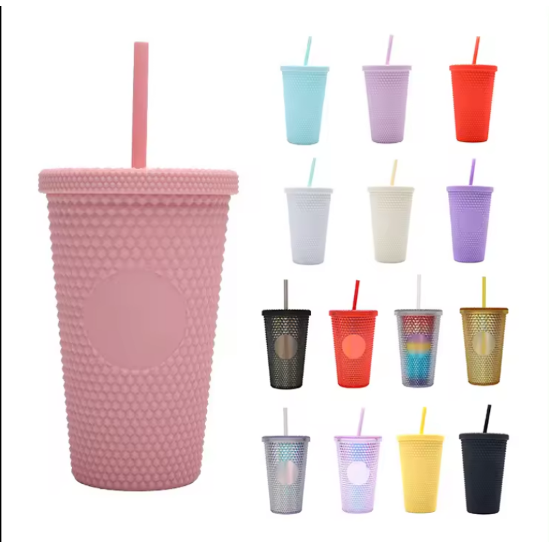 Plastic Double Wall Glitter Diamond 16oz Water Bottle With Lid And Straw Coffee Tumbler Cups Bulk - Buy