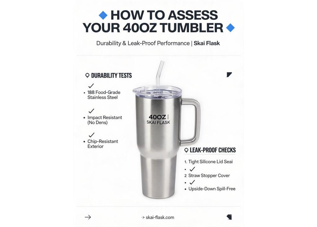 How do I assess the durability and leak-proof performance of a 40oz tumbler with a straw?