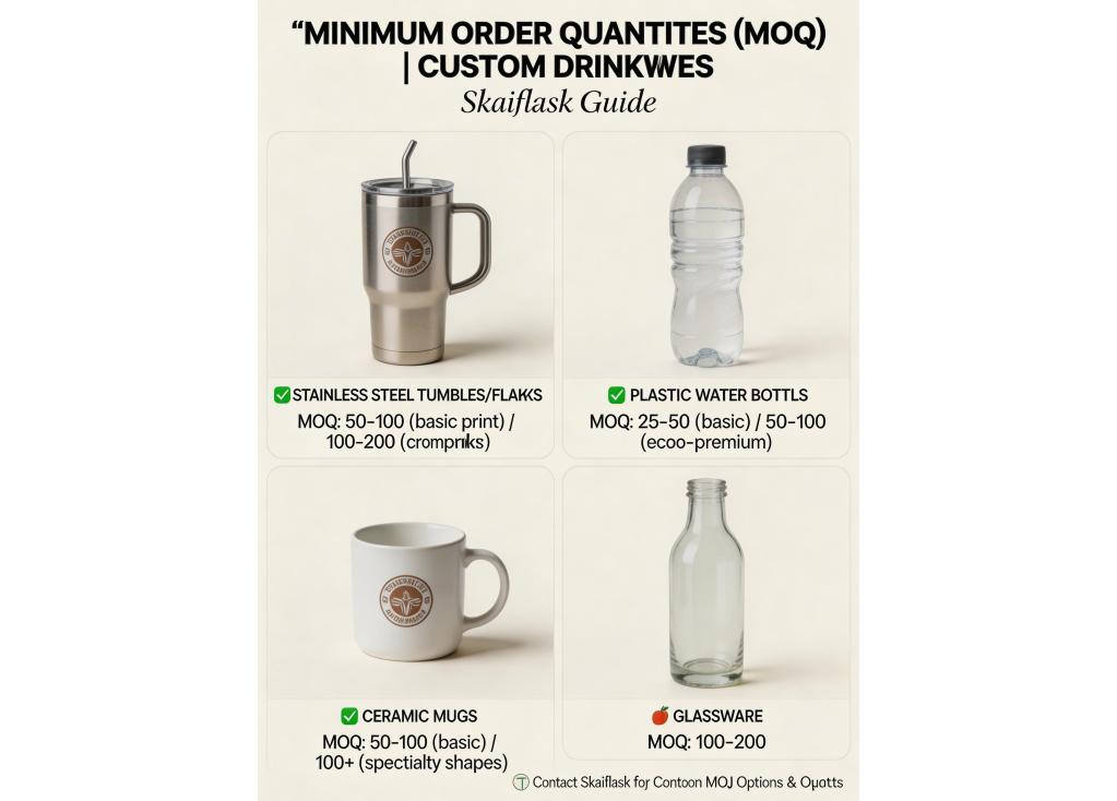 What are the minimum order quantities typically required for custom printed or branded drinkware?