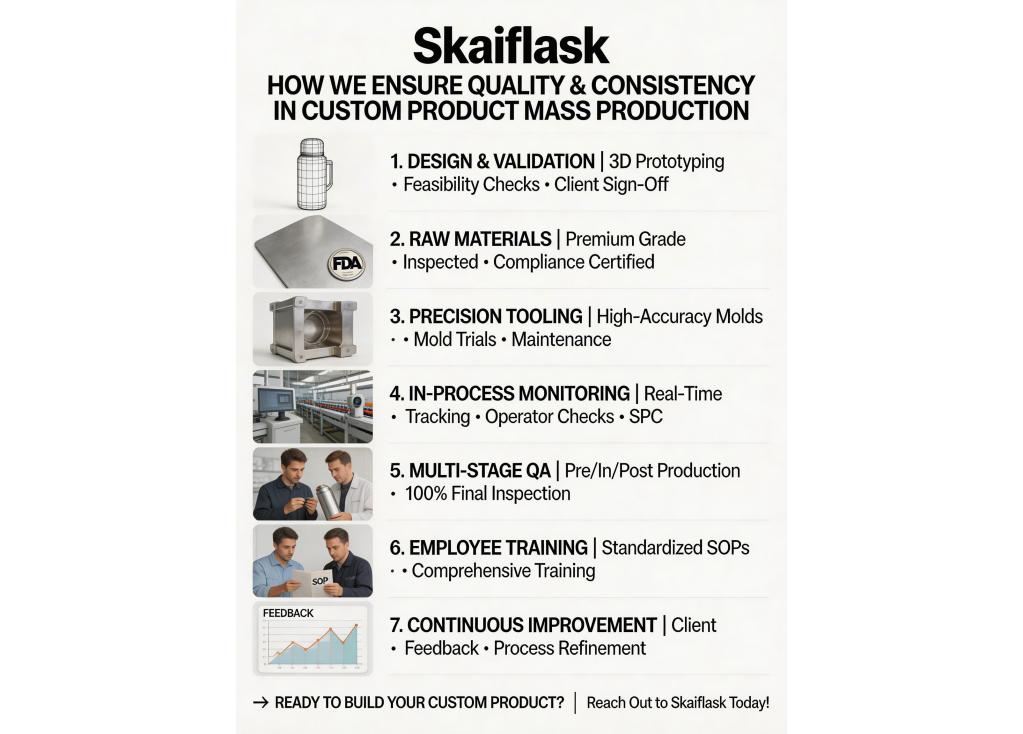 How do factories ensure the quality and consistency of custom products across large production runs?