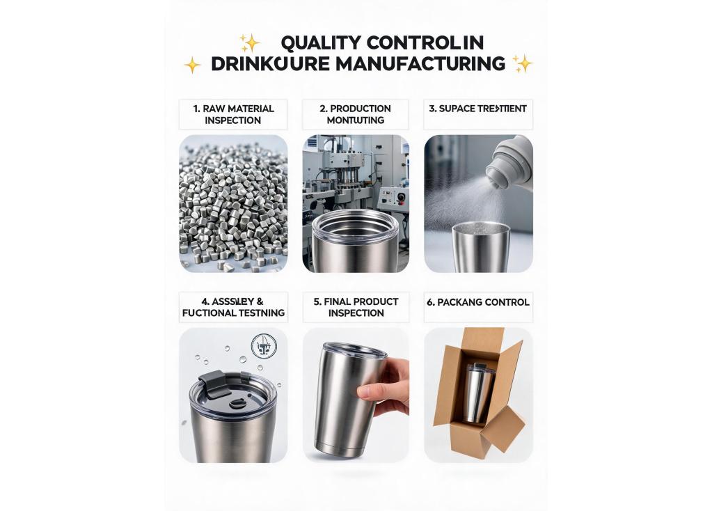 What quality control checks are performed at different stages of drinkware manufacturing?
