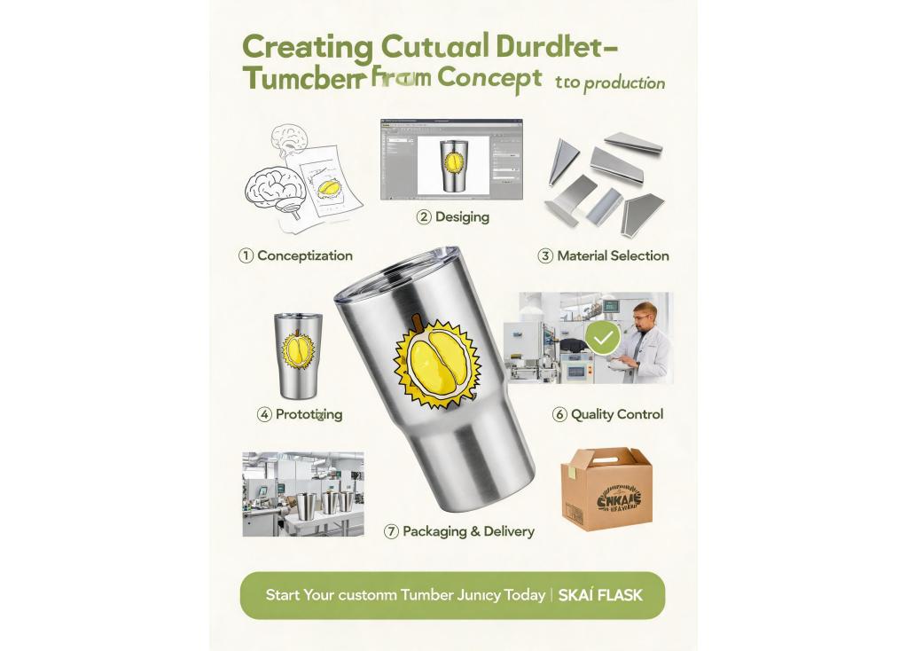 What is the process for creating custom durian-themed tumblers from concept to production?