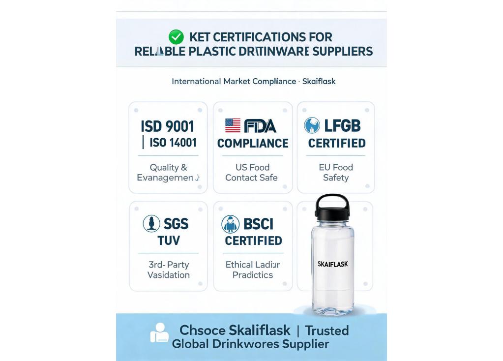 What certifications should a reliable plastic drinkware supplier have for international markets?