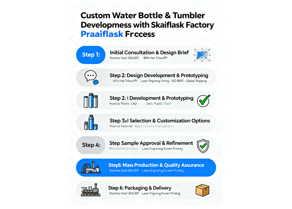 What is the process for developing a custom-designed water bottle or tumbler with a factory?