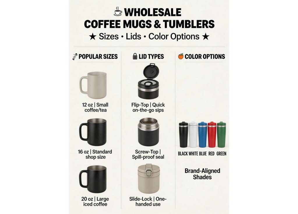 What are the popular sizes, lid types, and color options for wholesale coffee mugs and tumblers?