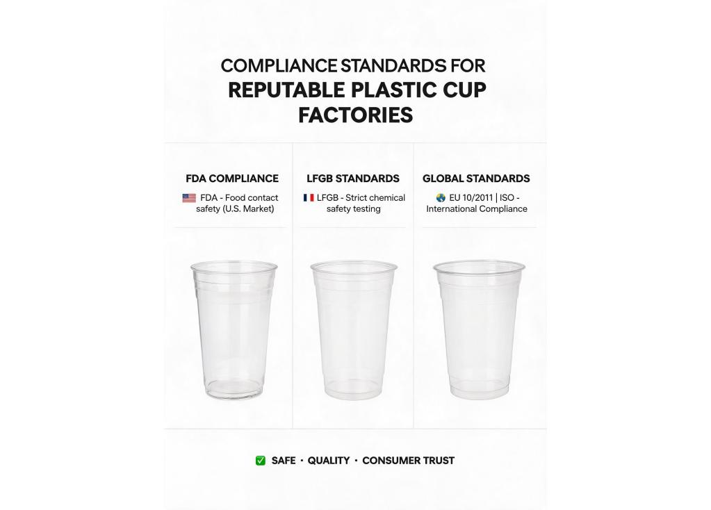 What compliance standards (e.g., FDA, LFGB) do reputable plastic cup factories typically meet?