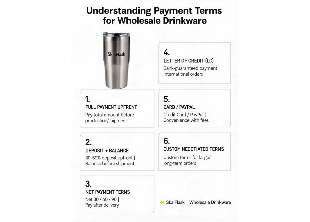 What are the payment terms typically offered by wholesale drinkware manufacturers?