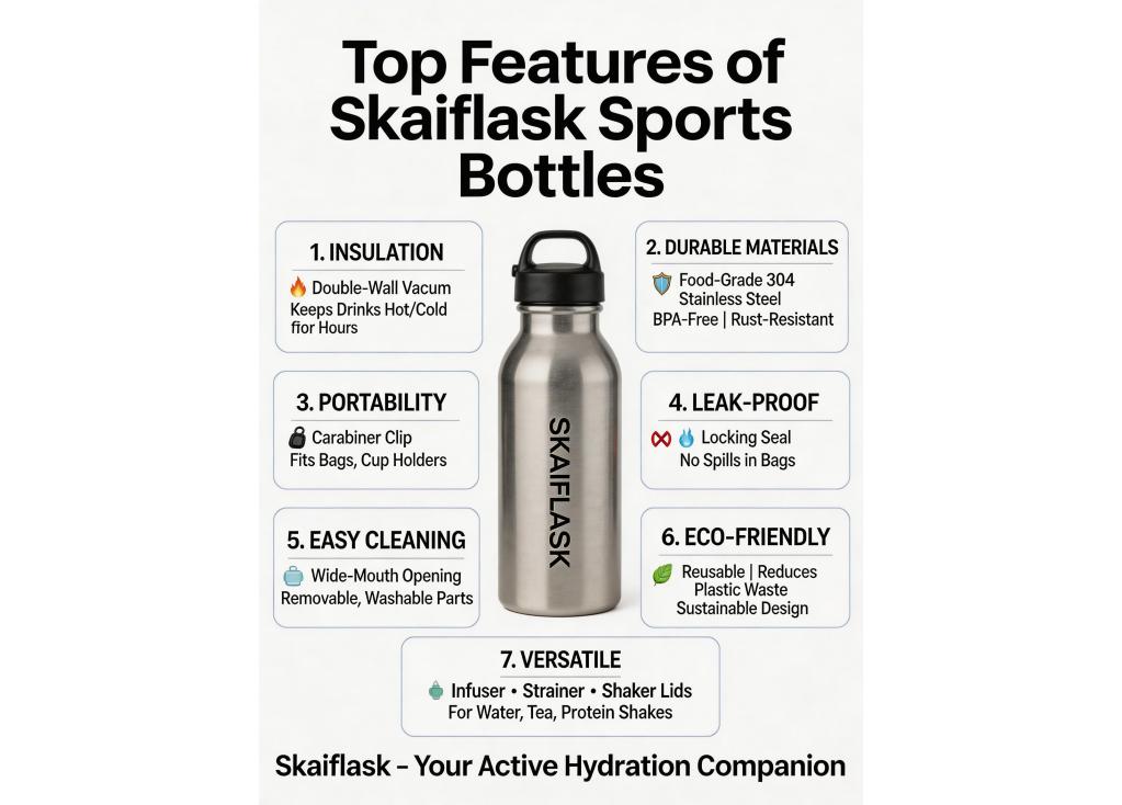 Which features are most important for sports bottles targeted at the fitness and outdoor markets?