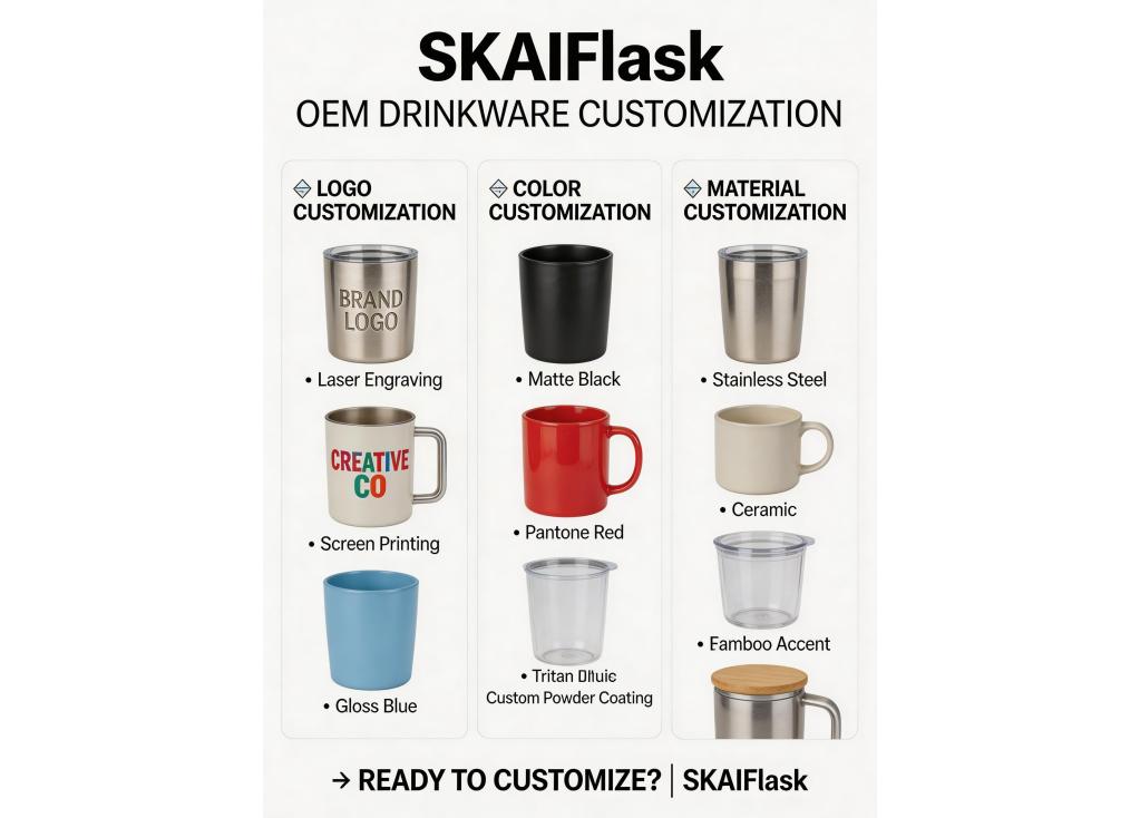 What customization options are available for logos, colors, and materials on OEM drinkware?