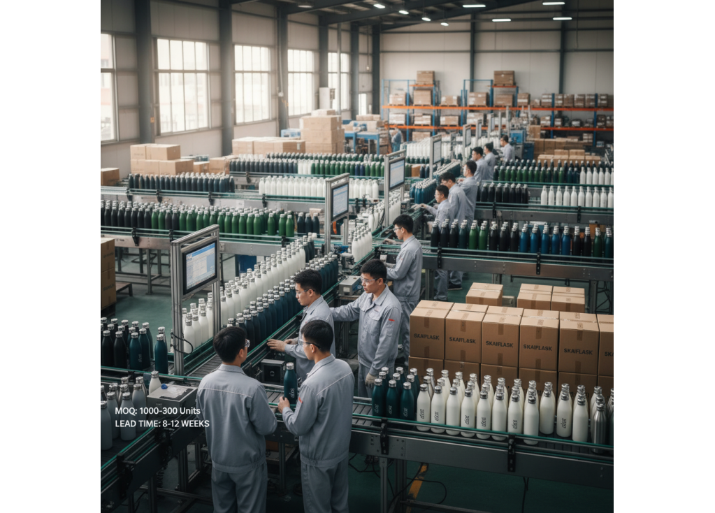 What is the typical MOQ and lead time for bulk orders of insulated water bottles from a factory?