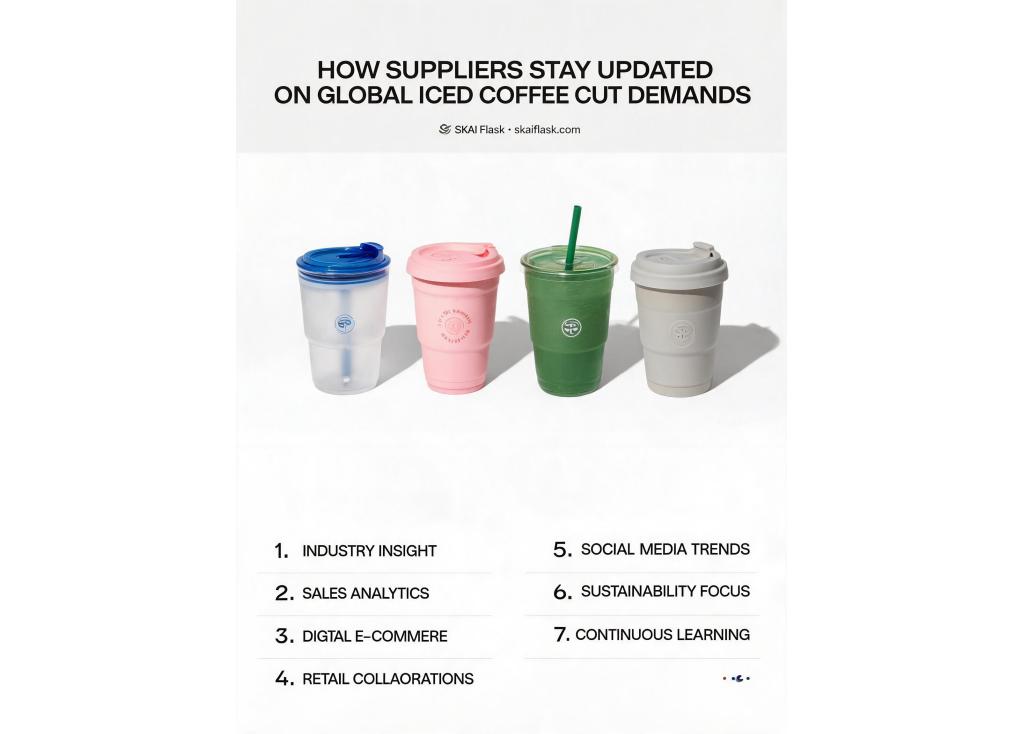 How do suppliers stay updated on global market demands for products like iced coffee cups?