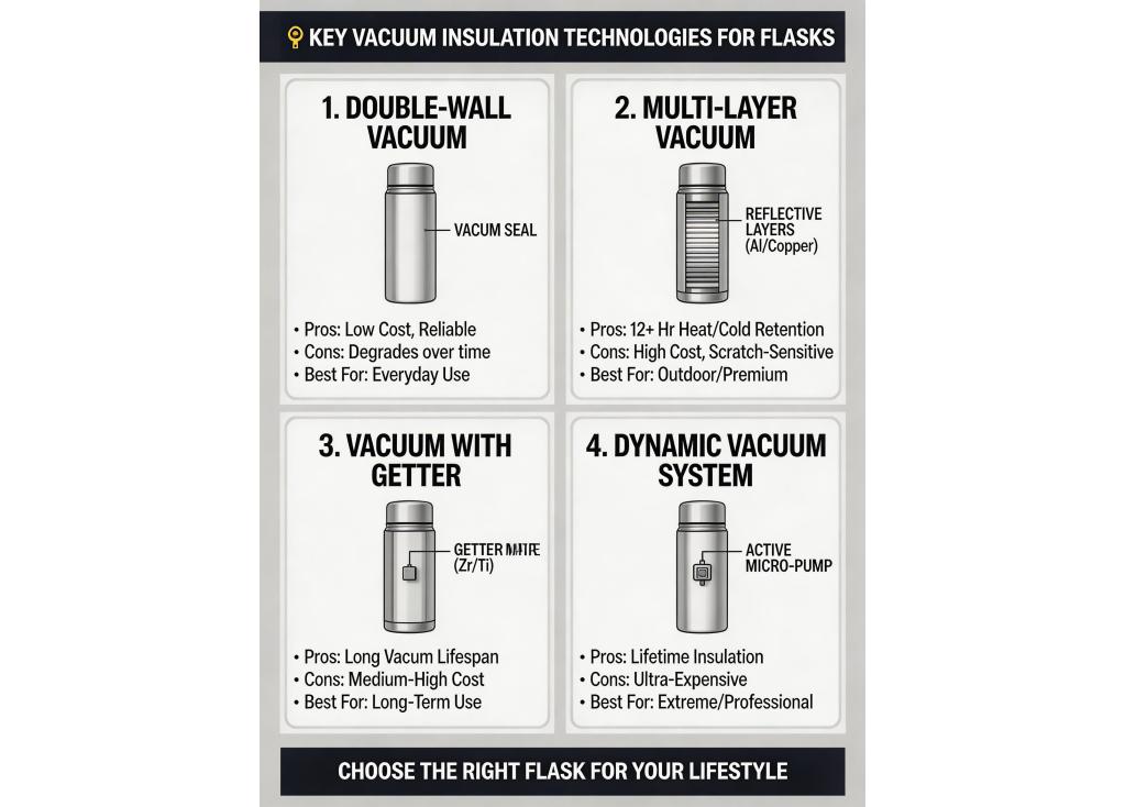 What are the key differences between various types of vacuum insulation technologies used in flasks and bottles?