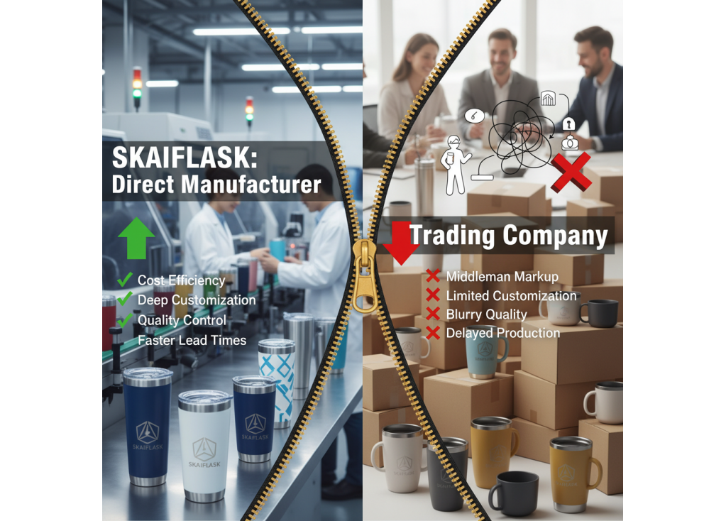 What are the advantages of sourcing custom drinkware directly from a manufacturer versus a trading company?