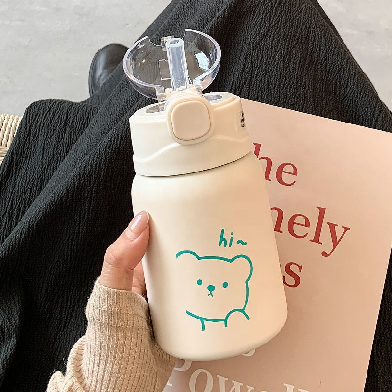 New Arrival BPA Free Flip Lid Double Wall insulated portable school Stainless Steel water bottle With Straw for kids