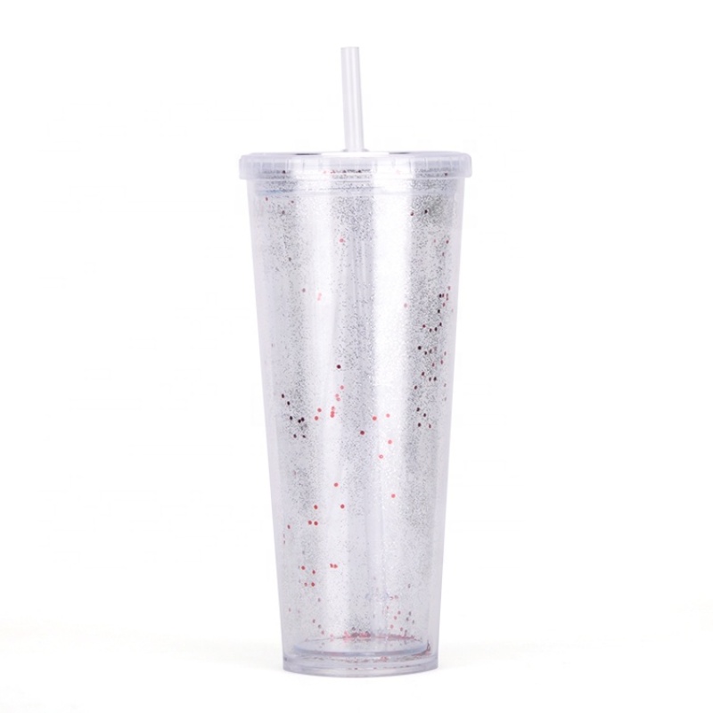 New Production Plastic Wholesale Double Wall Glitter Water Bottle With Straw