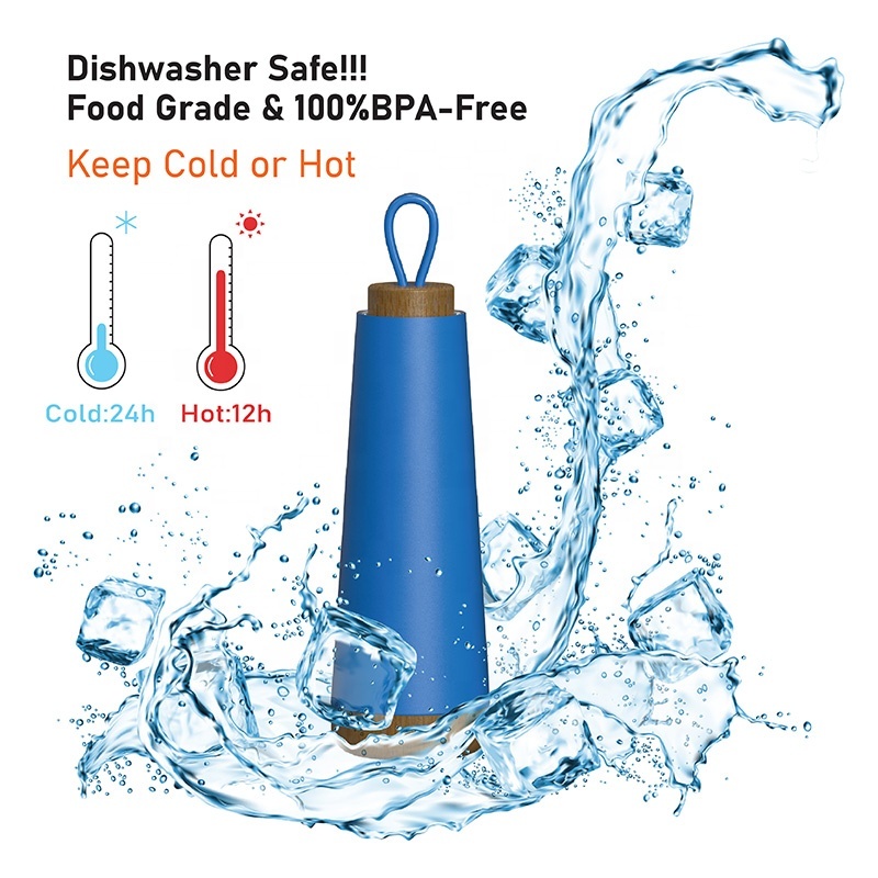 New Arrival 17 OZ Wood Lid Double Wall Conical Housing Insulated Stainless Steel Portable Water Bottle