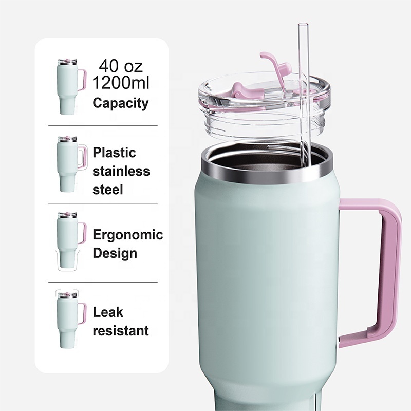Spill Proof Traveler Reusable BPA Free 40 oz Insulated Stainless Steel Tumbler with 2-IN-1 LID