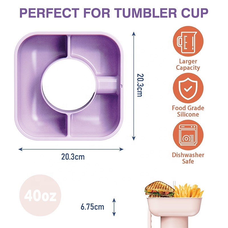 Hot Sales Reusable 3 compartment Snack Tray Platter silicone square snack bowlsl for tumbler cup 40 oz with handle