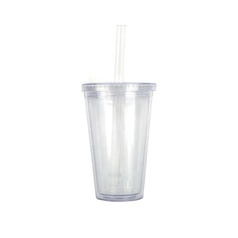Plastic Double Wall Insulated Bpa-free Coffee Clear Tumblers With Lid And Large Diameter Straw Wholesale