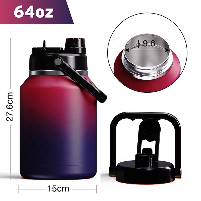 Wholesale 64oz Insulated Beer Jug Double Wall Half Gallon Motivational Stainless Steel Water Bottle with 2-in-1 Lid