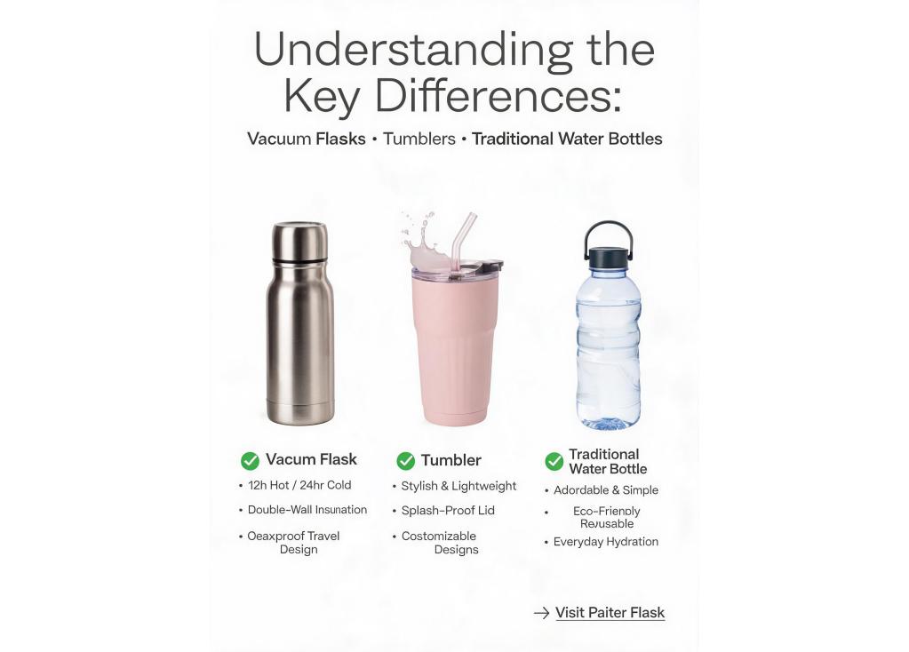What are the key differences and selling points between vacuum flasks, tumblers, and traditional water bottles?