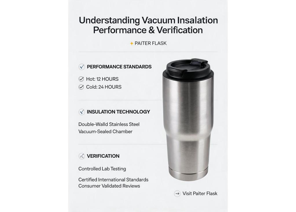 What is the industry standard for vacuum insulation performance (hours hot/cold), and how is it verified?