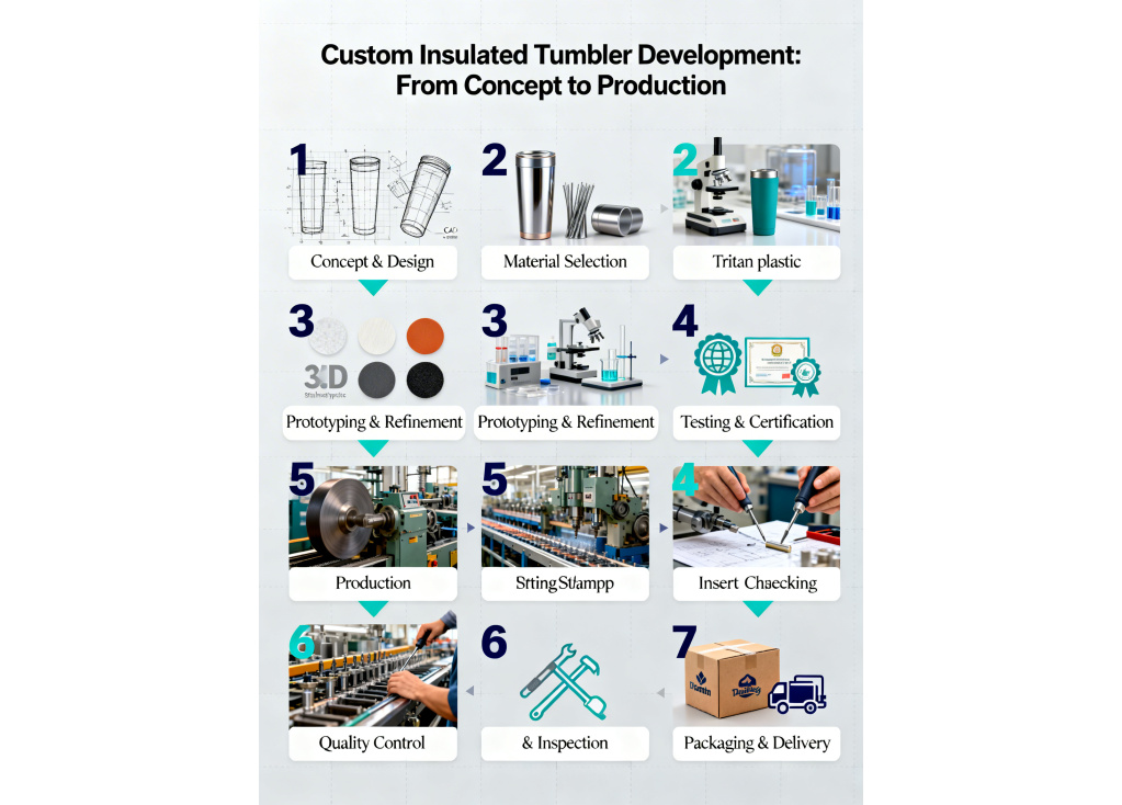 What is the complete process for developing a custom insulated tumbler from concept to production?