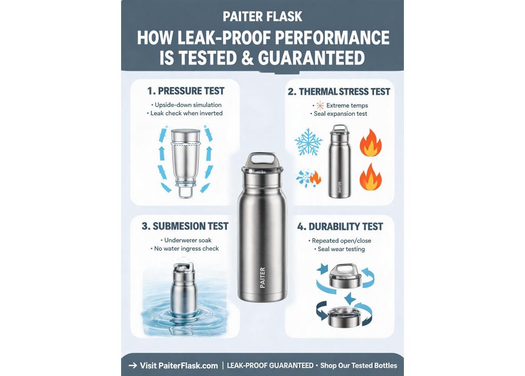 How is leak-proof performance tested and guaranteed for different types of bottles and tumblers?