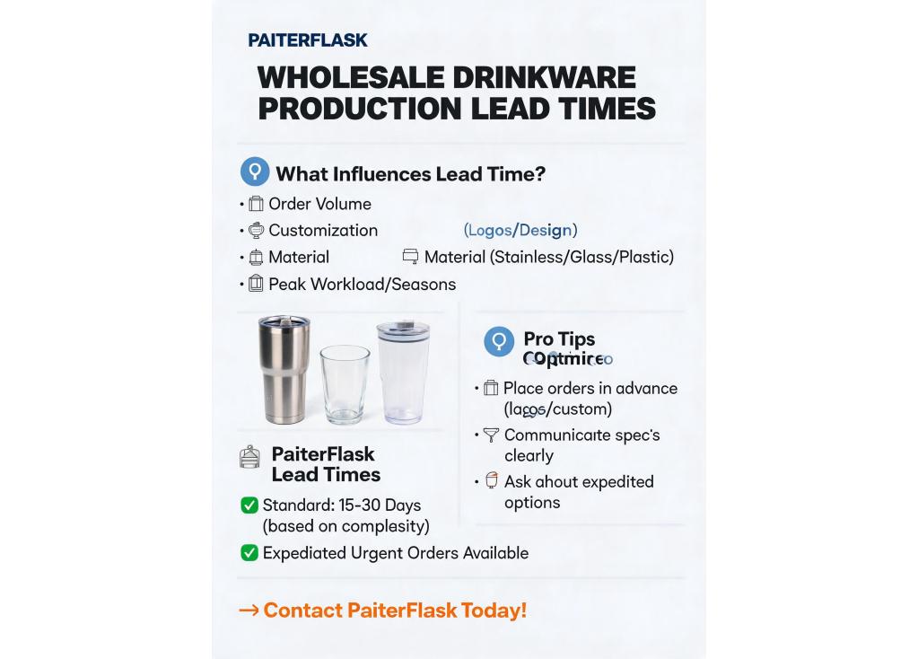 What is the average production lead time for wholesale drinkware?