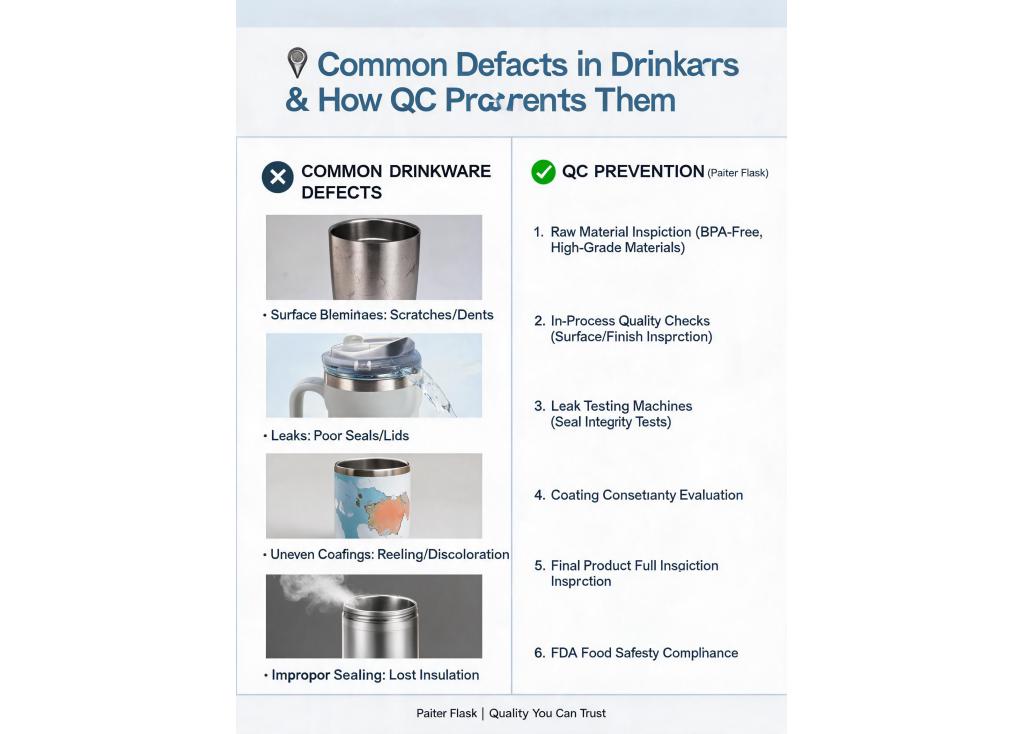 What are the common defects to watch out for in drinkware, and how does the factory's QC prevent them?
