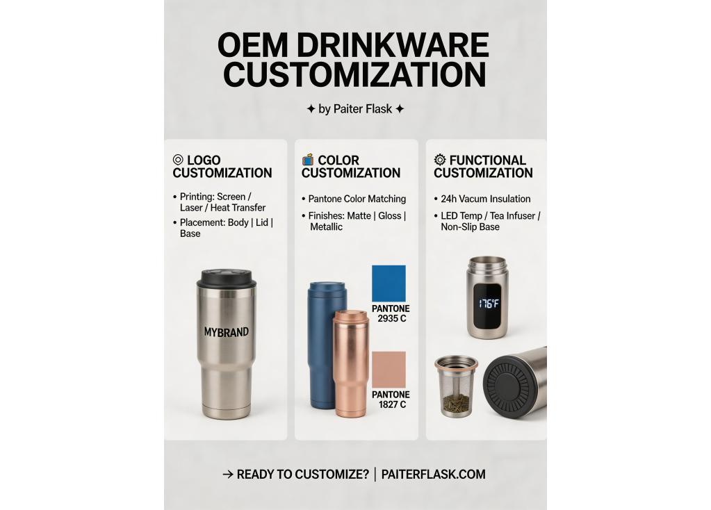What customization options are available for logos, colors, and functional features on OEM drinkware?