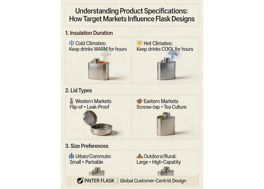 How do product specifications (like insulation duration, lid types, size) vary by target market region?