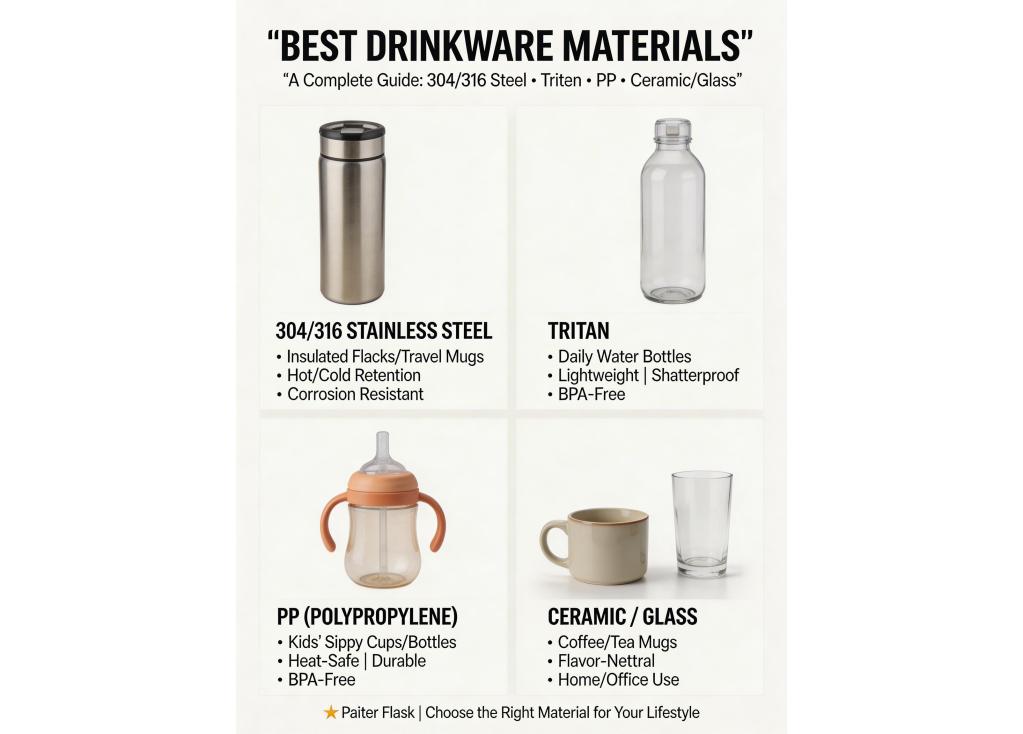 What materials (e.g., 304/316 stainless steel, Tritan, PP) are best for different types of drinkware?